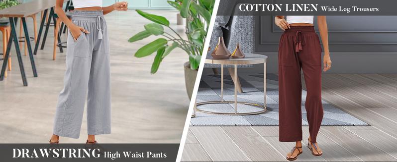 Product Introduction of Women's Casual Cotton Linen Pants Wide Leg Lounge Trousers with Pockets Elastic High Waist with Drawstring Pants 4