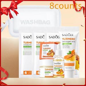 SADOER brightening Turmeric Skincare Set, 8 Counts/set Hydrating Turmeric Soap Bar, Facial Serum, Face Lotion Cream, Facial Cleanser, Face Mask & Makeup Bag, Moisturizing Turmeric Smooth Moisturizer Kit, Cleansing, Skincare, Cleansing Products
