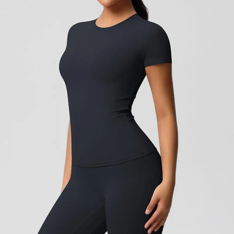 【GETMOD】Women's solid color sportswear suit, sports round collar T-shirt and high-waist fitness leggings #8455/6 6