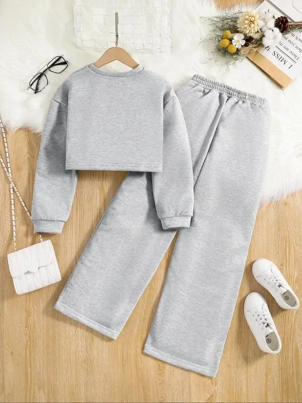 2025 new hot-selling girls' round neck short sweatshirt and loose waist pants set gift, dignified temperament back to school outfit, solid color long-sleeved top and wide-leg pants, unique 5