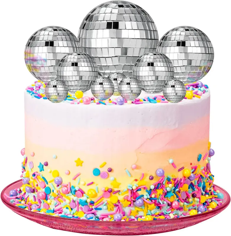 Disco Ball Cake Decorations, 10 PCS Disco Ball Cake Toppers Cupcake Toppers 1970s Disco Themed Cake Toppers for Disco Theme 70's Party Supplies (4 Size), Silver 0