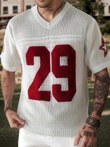 Men's Solid Color Hollow Out V Neck Crop Knit Tee, Regular Fit Casual Short Sleeve Number Print T-shirt for Summer, Fashion Men's Top for Daily Wear