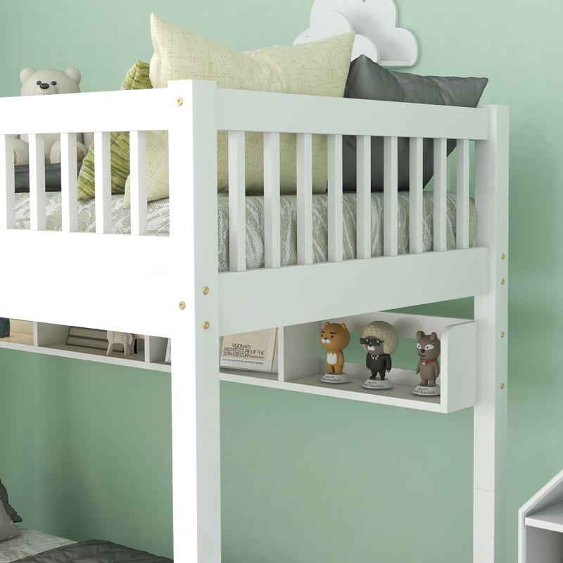 3FT Solid Pine Wood Bunk Bed with Under Bed Slide Drawer Storage and Shelf, White (90x190cm) - Kids Children 3