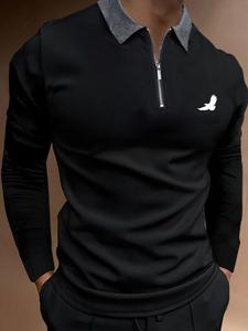 Men's Animal Print Half Zipper Polo Shirt, Long Sleeve Anti-wrinkle Breathable Golf Tennis T-shirts, Business Tops for Spring & Fall, Men's Clothing