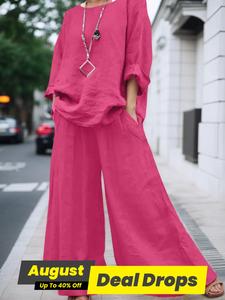 Women's Solid Color Top & Wide Leg Pants Two-piece Set, Casual Long Sleeve Top & Trousers for Daily Wear, Ladies Two-piece Outfits for All Seasons