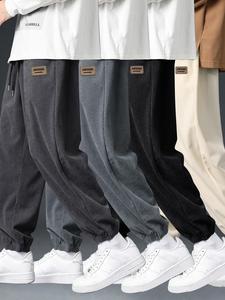 Men's Letter Label Patched Drawstring Waist Corduroy Pants, Casual Comfy Pocket Jogger Pants for Daily Wear, Men's Trousers for Fall & Winter