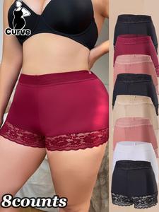 【Plus Size】 Solid Color Lace Trim Boyshorts, Soft Comfy Breathable High Waist Panty for Daily Wear, Women's Underwear for All Seasons