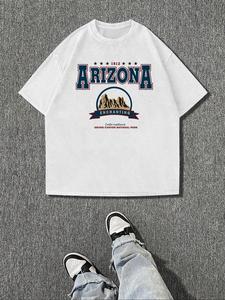 Men's Letter & Mountain Print Round Neck Tee, Loose Casual Short Sleeve Crew Neck T-Shirt for Summer, Fashion Men's Top for Daily Wear, Tropical