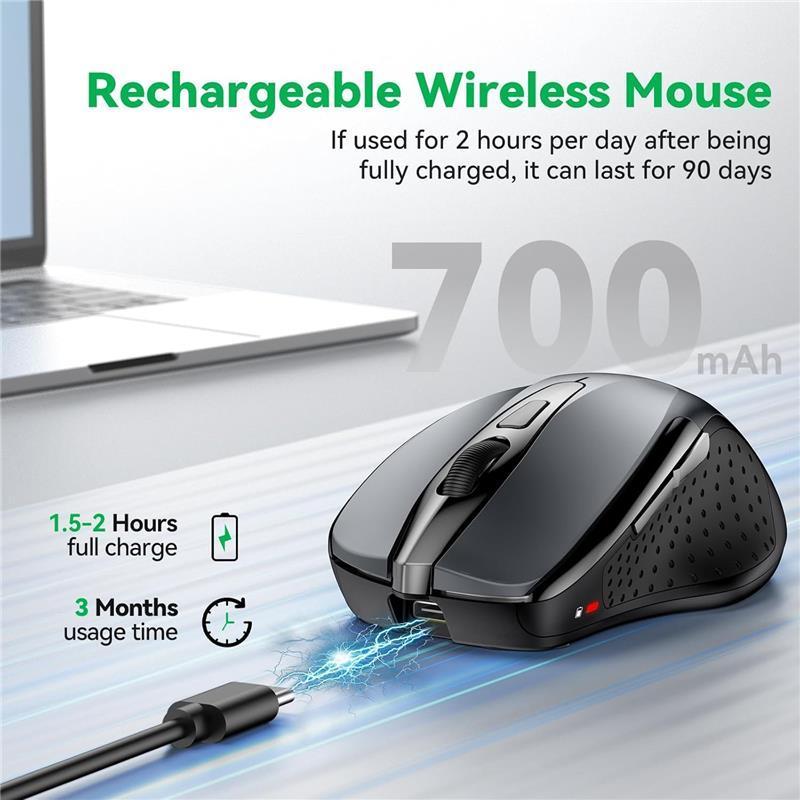 Bluetooth Mouse, Rechargeable Wireless Mouse (BT5.0/3.0 & 2.4G), 4800DPI Adjustable, 6-Button Silent Computer Mice, USB Ergonomic Wireless Mouse for Laptop PC Mac, Grey 3