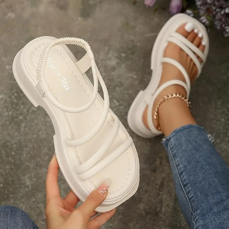 Women's Platform Solid Color Sandals, Elastic Ankle Strap Soft Sole Vintage Shoes, Casual & Comfort Footwear Girl Summer Ivory White Parent