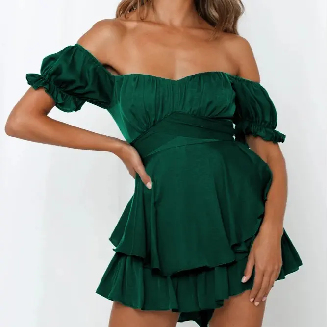 Women'S Jumpsuit Solid Color Fashion Sexy One-Shoulder Lantern Off-Shoulder Lotus Leaf Sleeve Casual Summer Women'S Shorts Skirt 8