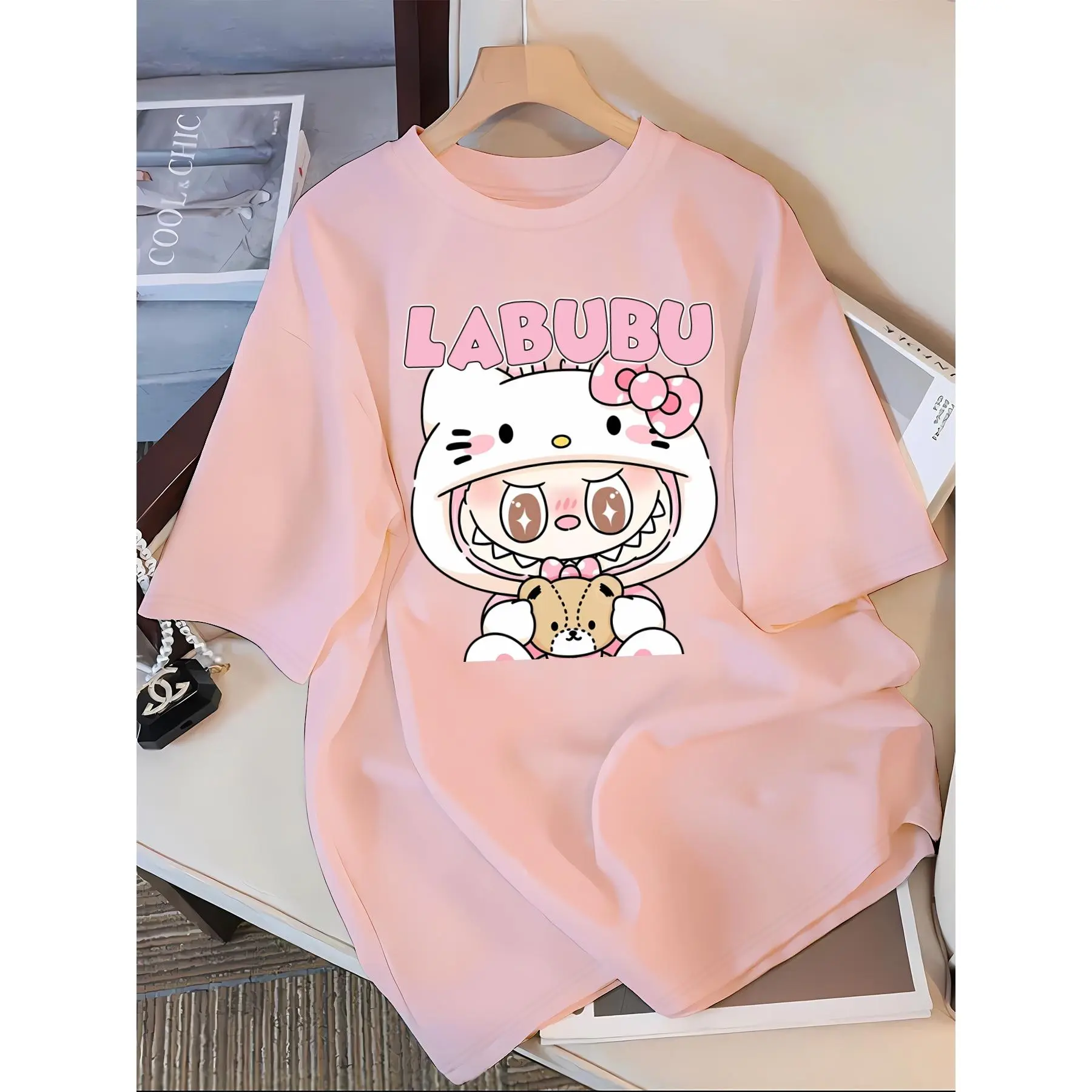 Labubu Cartoon Print Casual T-Shirt Polyester 100% Crew Neck Short Sleeve Top for Spring/Summer/Fall - Knit Fabric Adult Tee