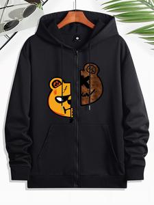 Unisex Men's Cartoon Bear Print Zip Up Hoodie, Casual Long Sleeve Drawstring Full-Zip Essentials Hoodies for Spring & Fall, Essentials Hoodie, Casual Outerwear for Men