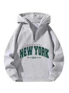 Men's Letter Print Drop Shoulder Half Zip Up Hoodie, Casual Loose Long Sleeve Hooded Sweatshirt for Fall & Winter, Men's Clothes for Daily Wear