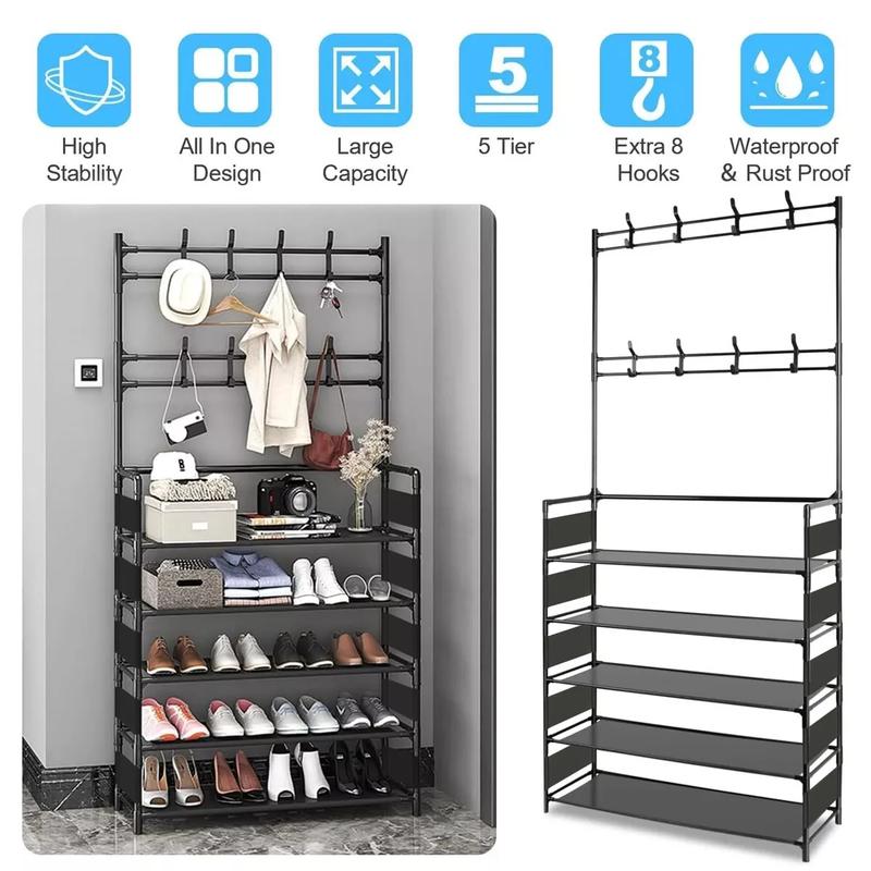 New Coat and Hat Stand 8 Hooks Metal Shoe Rack 5 Tiers Shelf Hanger Black 6