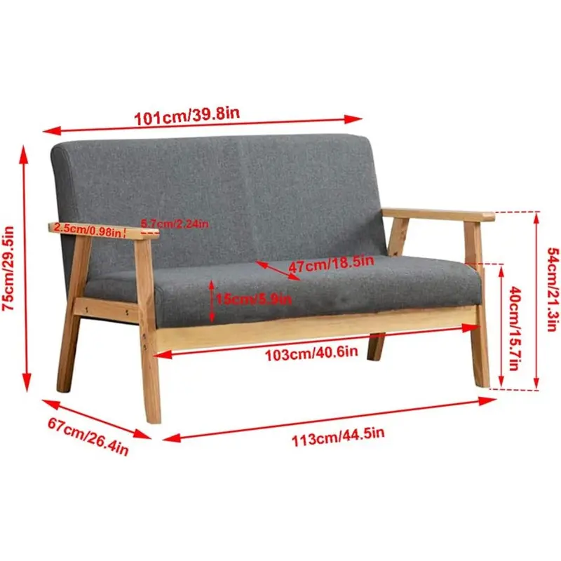 Grey Sofa for Living Room Wood Furniture, 2 Seater Sofa Compact Loveseat Couch Lounge, Linen Fabric Sofa Upholstered Seat 3