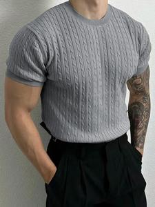 Men's Solid Cable Textured Crew Neck Sweater, Regular Fit Casual Short Sleeve Jumper for Summer, Fashion Men's Knitwear for Daily Wear