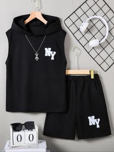 Two-Piece Set Boy's Letter Print Hoodie & Shorts Set, Casual Sleeveless Hooded Top & Track Shorts for Summer, Kids Clothes for Daily Wear