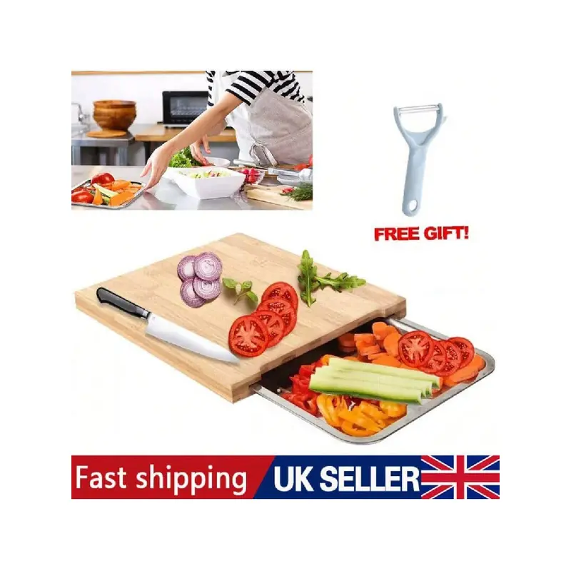 Kitchen artifact! Bamboo cutting board with stainless steel tray, mildew-proof cutting board + sliding juice tray, two-in-one design Chopping Knives 1Pcs 0
