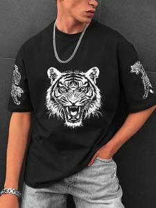 【Plus Size】 Tiger Print Short Sleeve T-shirt, Casual Comfy Regular Fit Round Neck Tee for Summer, Men's Plus Size Clothing for Daily Wear, Casual Style Tee