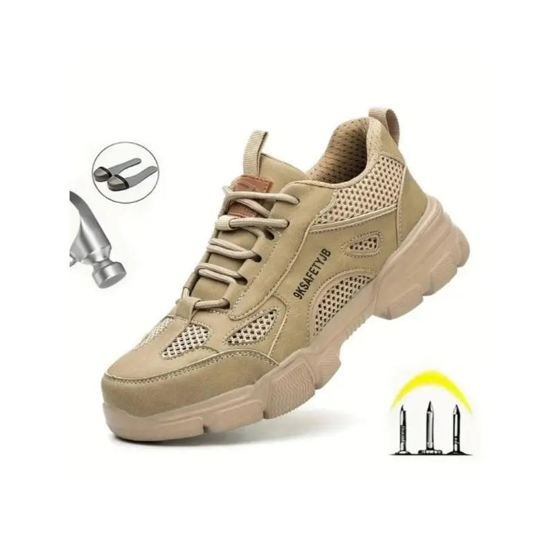 Men's Breathable Lightweight Anti-slip Safety Shoes, Casual Waterproof Workout Sneakers, Comfortable Hollow Out Design Lace Up Work Shoes, Non-slip Safety Shoes for Daily Wear 0