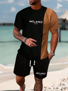 Two-Piece Set Men's Colorblock Letter Print Tee & Pocket Shorts Set, Regular Fit Casual Short Sleeve T-shirt & Track Shorts, Men's Summer Clothes, Streetwear, Menswear