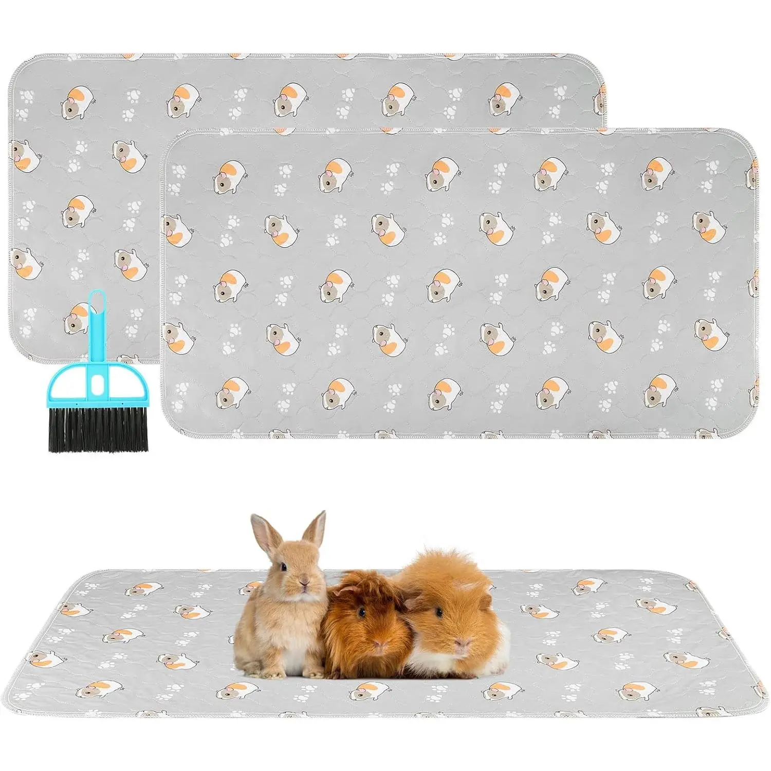 Scenereal Guinea Pig Cage Liner 2 Packs with Cleaning Brush - Fast Water Absorption Reusable Washable Pee Pads, Soft and Comfortable Mat for Small Animals Chinchillas Rabbits Hamster Bunny