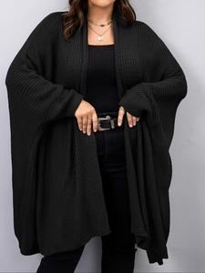 【Plus Size】 Solid Batwing Sleeve Open Front Cardigan, Casual Long Sleeve Knit Outerwear for Fall & Winter, Women's Clothing for Daily Wear
