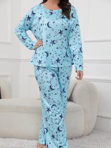 Plus Size 2pcs Galaxy Print Drop Shoulder Tee & Wide Leg Pants Pajama Set, Casual Comfy Round Neck Long Sleeve Top & Trousers PJ Set, Lady Sleepwear for Spring & Fall, Womenswear Pajamas