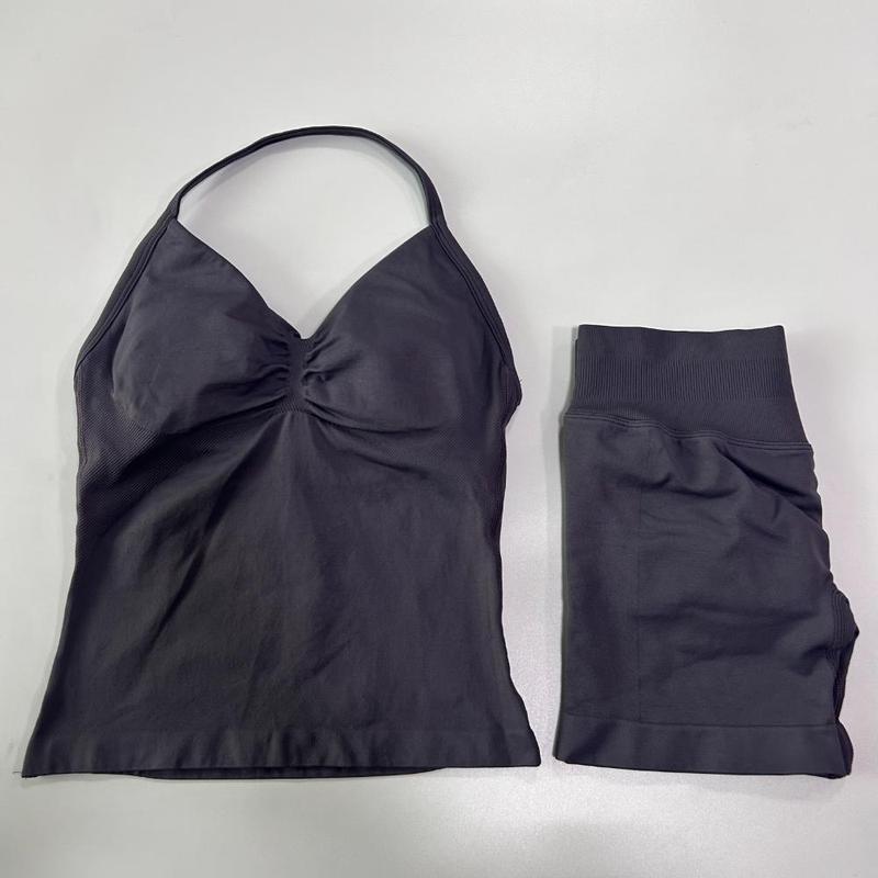 Product Introduction of 2Pcs  Gym Set Women Backless Tank Tops High Waist Scrunch Seamless Shorts Gym Suit Fitness Clothes Activewear Workout Sets 23