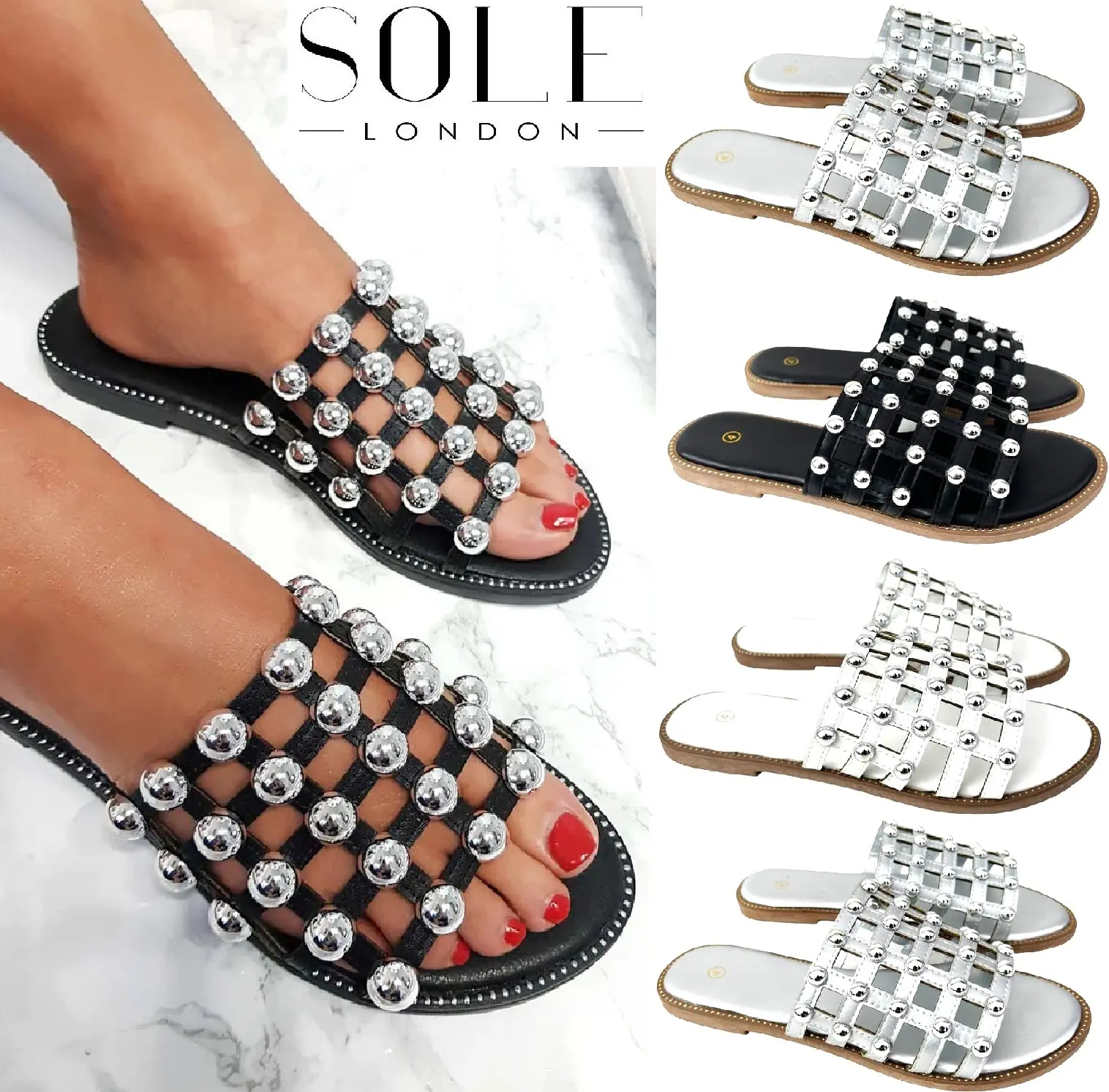 Ladies Women's Flat Studded Caged Slides Open Toe Sandals for Summer - Perfect for Running Errands or Going Out for a Night on the Town - Walking Shoes, Girl