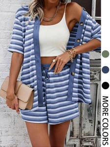 Two-Piece Set Women's Striped Print Button Front Top & Shorts, Casual Short Sleeve Collared Top & Shorts for Summer, Ladies Clothes for Daily Wear
