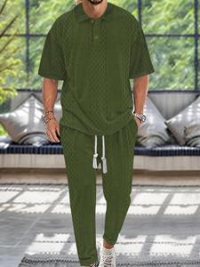 Men's Textured Drop Shoulder Collared Tee & Drawstring Waist Pants Two-piece Set, Casual Fashion Cozy Shortsleeve Polo Shirts & Pocket Trousers for Daily Outdoor Wear, Men's Clothing for Spring & Fall, Going Out Outfits, Menswear
