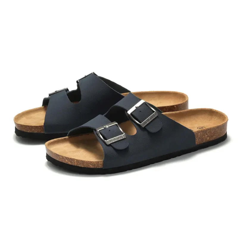 High Quality Custom Logo Summer Men Sandals 2025 Leather Upper Cork Sole Slippers