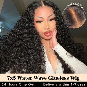MOREFACE 7x5 Wear Go Wig Water Wave Wig Wear and Go Glueless Wigs Human Hair 30 Inches Human Hair Wigs Pre Plucked 7x5 Glueless Human Wigs Lace Frontal Human Hair Wigs for Women Curly Wig 180% Density 100% Human Hair