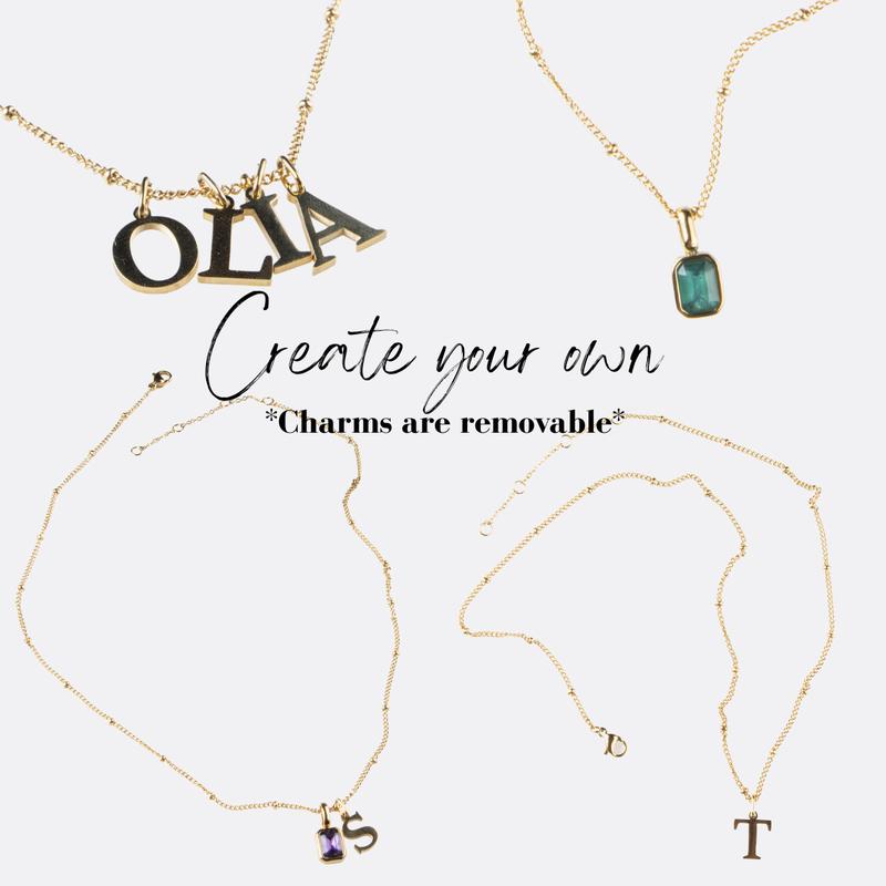 *Special Offer* Create Your Own Waterproof Birthstone & Initial Necklace or Stretch Bracelet - 18k Gold Plated Stainless Steel 2