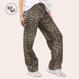RELA RELA Womenswear Womens Leopard Print Denim Straight Wide Leg Baggy Jeans UK 6-20 Plus Size Available Comfort Fit Bottom Pants Trouser Streetwear Hip