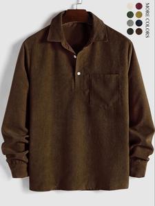 ZAFUL Men's Corduroy Shirts Solid Color Fall Half Button Long Sleeves Polo Shirt Casual Work Collared Shirt with