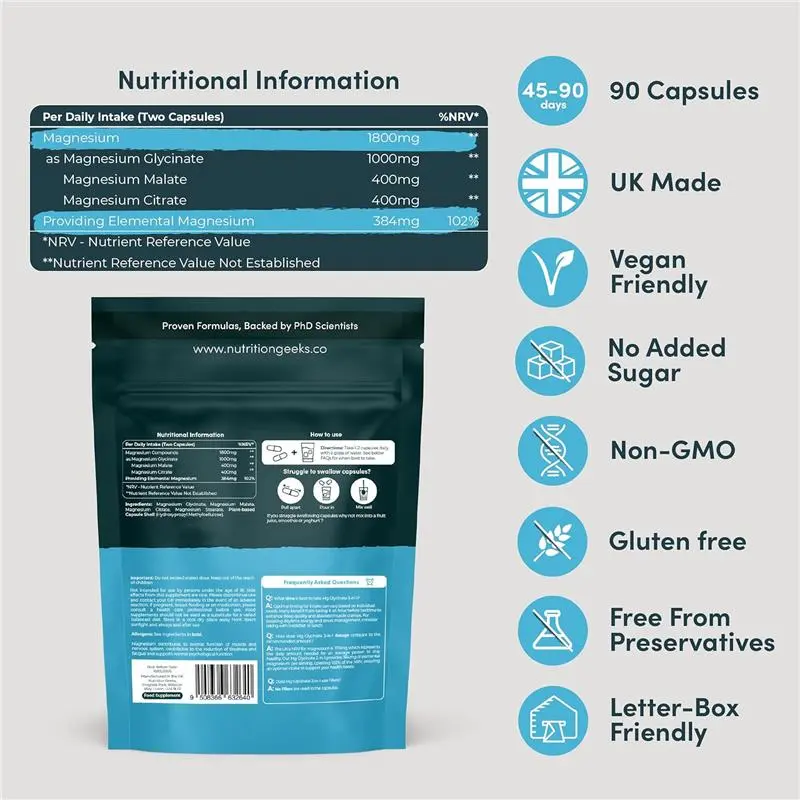 Magnesium Glycinate 3-in-1 Complex - 1800mg Supplements as Bisglycinate, Citrate & Malate 90 Vegan Capsules, Triple High Absorption 384mg Elemental, UK Made (Packaging Design May Vary) 1