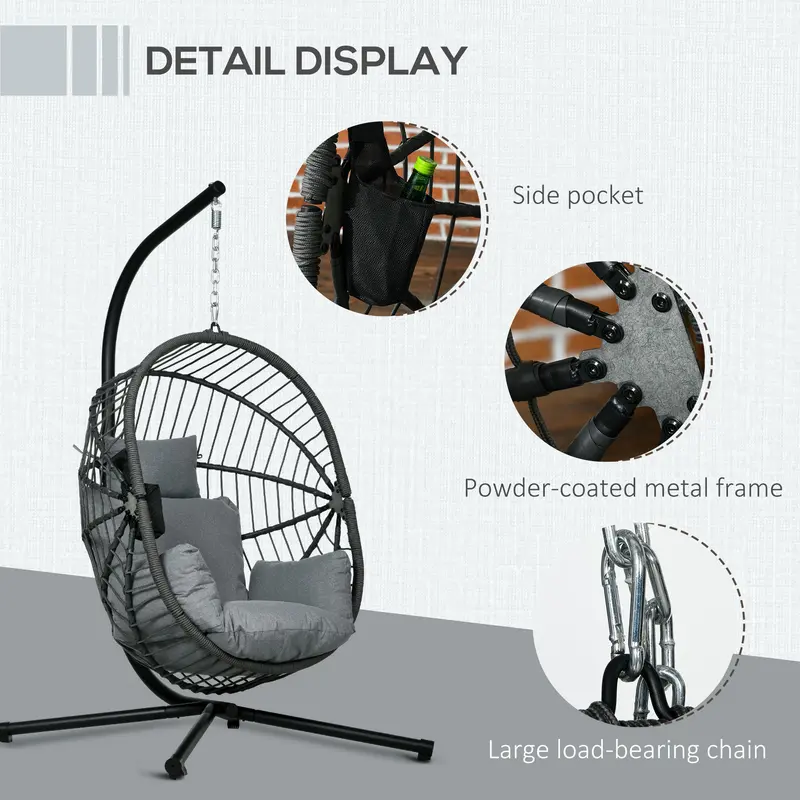 Outsunny Metal Stand Hanging Egg Chair, with Full Body Padded Seat - Grey 6