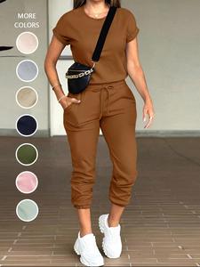 Two-piece Set Women's Solid Color Short Sleeve Tee & Drawstring Waist Pants, Casual Lounge Set Round Neck T-shirt & Pocket Trousers for Daily Wear, Ladies Clothes for All Seasons