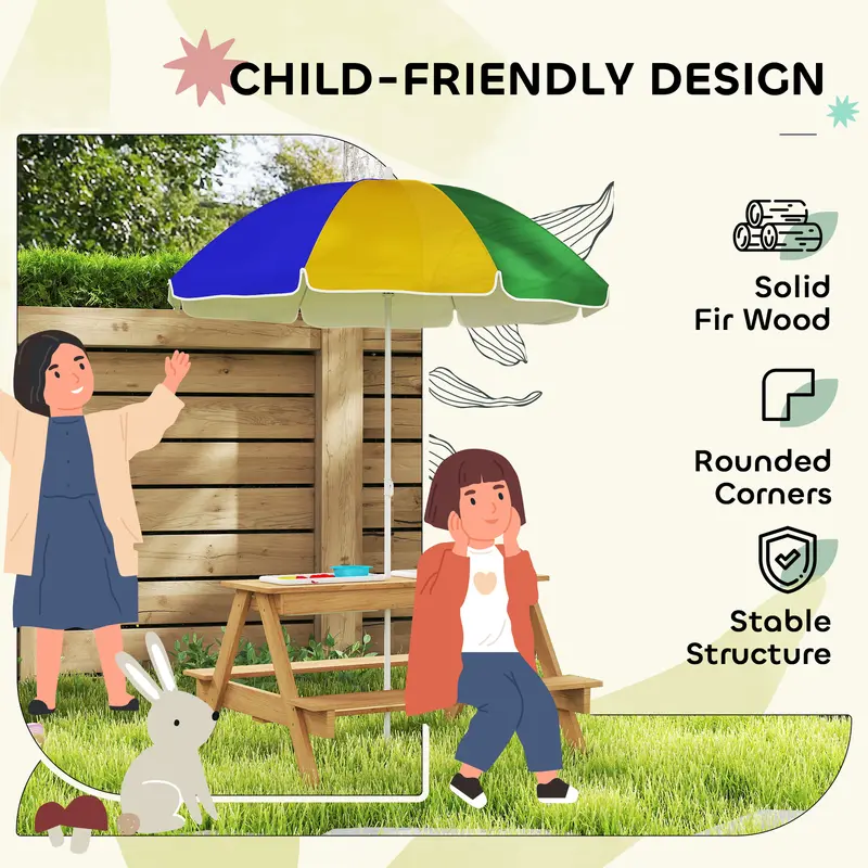 AIYAPLAY Wooden Kids Picnic Table, Sand and Water Table w/ Benches, Parasol 5