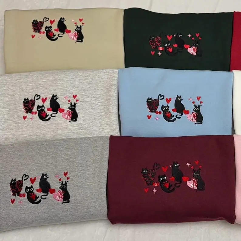 Embroidered Black Cat Valentine Sweatshirt, Heart Cat Sweatshirt, Black Cat Embroidered, Valentines Day Black Cat Sweatshirt, Cat Lover Gift 1