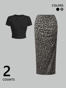 Women's Leopard Print Curved Hem Crop Top & Skirt Two-Piece Set, Casual Fashion Cozy Top & Skirt for Daily Outdoor Wear, Ladies for Summer, Clothes