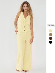 Women's Leisure V-Neck Button Semi-Sheer Tank Top & Low-Rise Wide Leg Trousers Co-ord