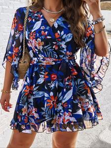 【Plus Size】 Floral Print V Neck Dress, Plus Casual Short Sleeve Dress for Summer, Women's Plus Clothes for Daily Wear