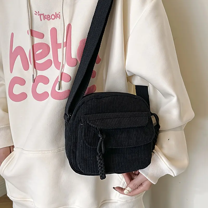 A&H     Harajuku-Style Vintage Corduroy Crossbody Bag - Japanese Casual Shoulder Handbag with Zipper, Striped Design and Polyester Lining - Unisex 7