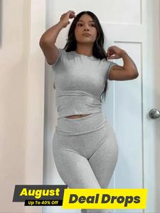 Women's Solid Round Neck Cropped Top & Skinny Pants Loungewear Set, Soft Casual Comfy Pyjama Set for Women, Comfy Loungewear Set for Women Home Wear, Pyjamas for Women, Sleep Sets, Womenswear