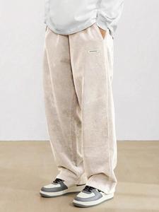 Men's Letter Drawstring Waist Corduroy Pants, Loose Casual Comfy Straight Leg Trousers for Fall & Winter, Men's Bottoms for Daily Wear
