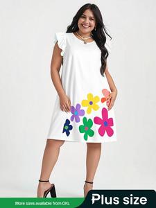 【Plus Size】 Cartoon Flower Print Dress, Casual Ruffle Trim Shortsleeve Round Neck Dress for Summer, Women's Plus Clothing for Daily Wear, Womenswear, Bohemian Sundress